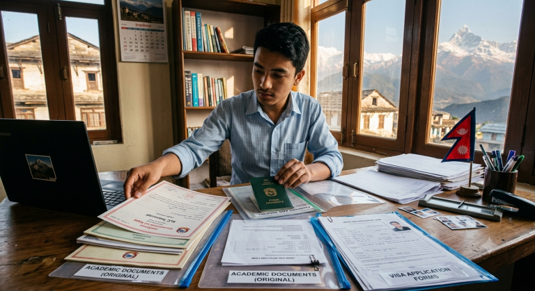 A Nepali student organizing passport, academic documents, and visa forms on a desk.